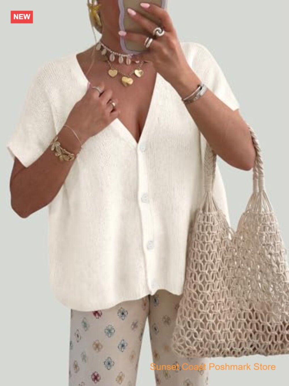 Oversized Batwing Short Sleeve Cardigan Lightweight V-Neck Button Down Knit - Picture 3 of 7